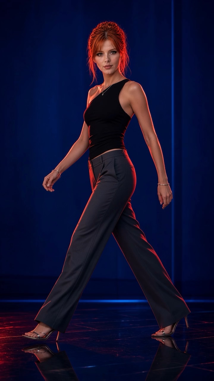 Lena Noir walking through blue and red studio lighting — cinematic portrait of Lena Noir